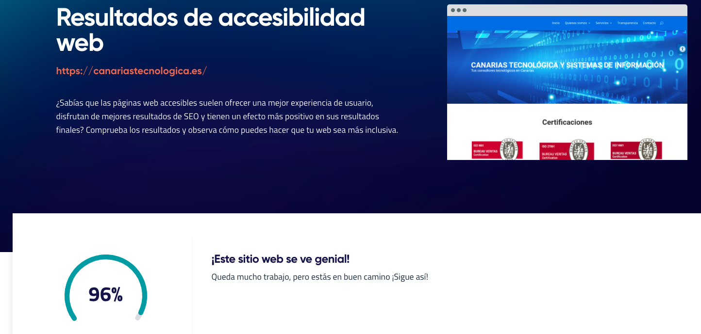 Imagen con el porcentaje de accesibilidad de la web de Canarias Tecnológica
